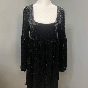 FREE PEOPLE Black Velvet Dress "Oh So Easy Babydoll" Empire Balloon Sleeve Sz SP